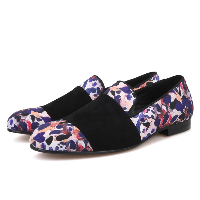 Loafers for Men in Animal Print Cotton Fabric with Black Suede Straps Casual Style for Parties, Banquets and Prom