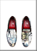 Men's casual shoes with red cotton insoles and a magazine-style graffiti fabric men loafer.