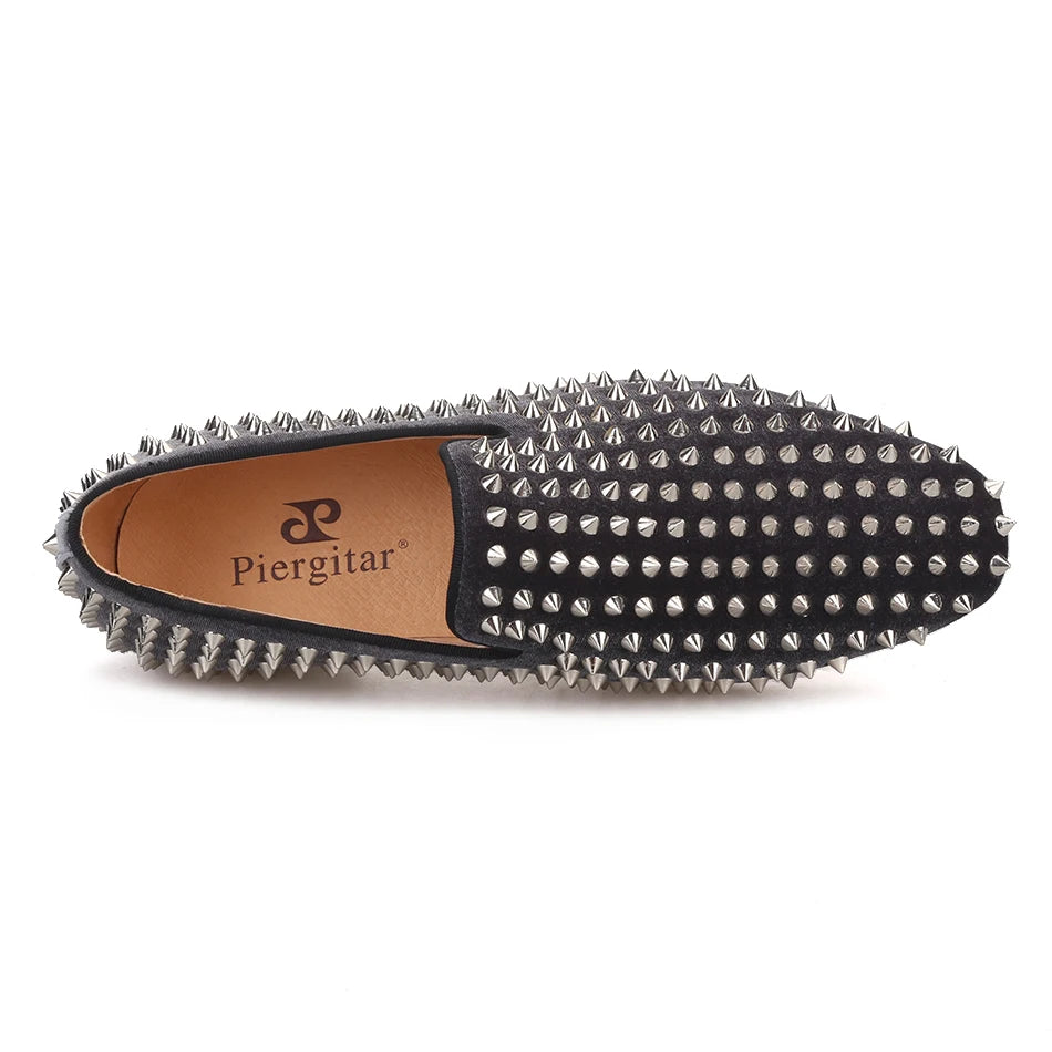 Piergitar  new arrival Handmade men velvet shoes with silver rivets Fashion party and wedding men loafers male's flats