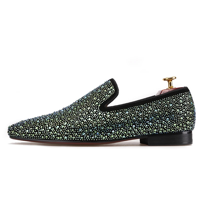Men's leather shoes with mixed color shining rhinestone luxury brand party and wedding male flats