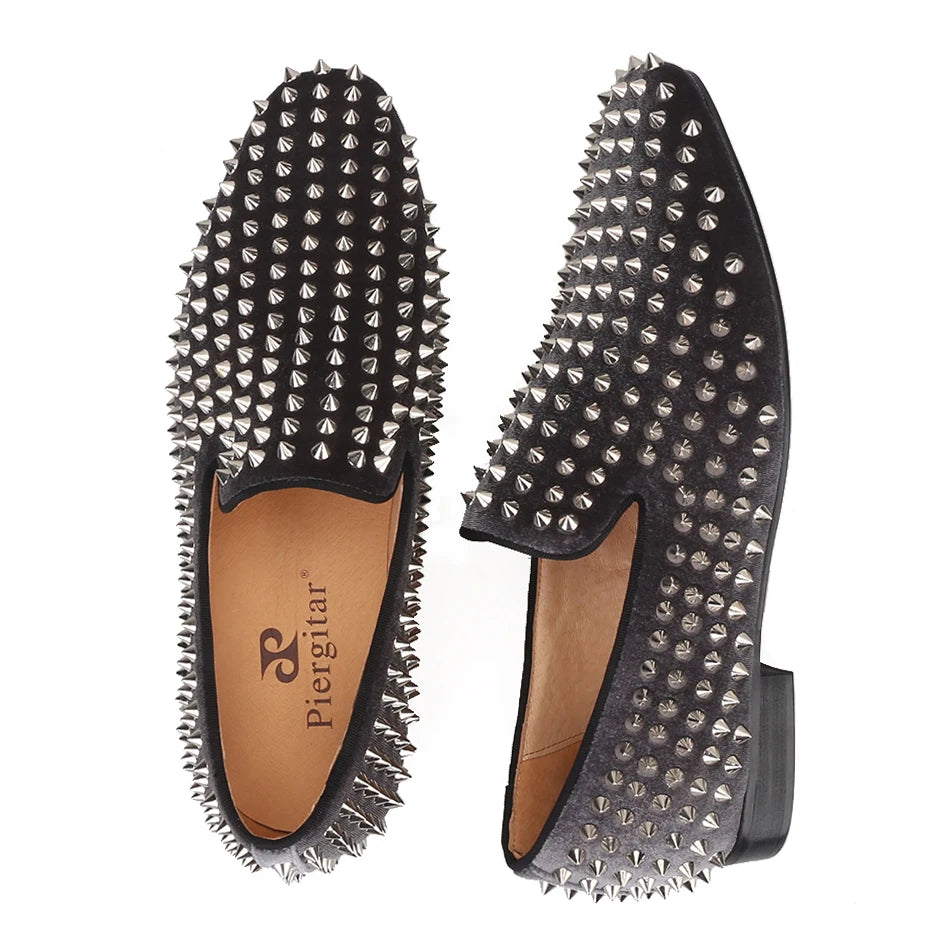 Piergitar  new arrival Handmade men velvet shoes with silver rivets Fashion party and wedding men loafers male's flats