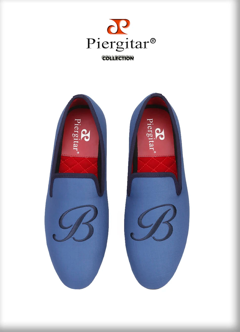 PIERGITAR 2019 new letters embroidery men fabric shoes Fashion prom and Banquet men's loafers British style smoking slippers