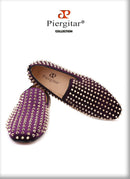 Piergitar 2019 Handmade Purple velvet with gold rivets men loafers Fashion Party and prom somking slippers plus size men's shoes