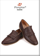 Piergitar 2019 hand-brushed calfskin men leather shoes with fringes wedding and party men's loafers smoking slippers plus size