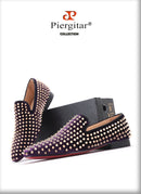 Piergitar 2019 Handmade Purple velvet with gold rivets men loafers Fashion Party and prom somking slippers plus size men's shoes