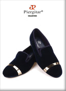 Piergitar new style Handmade men navy velvet shoes with gold metal on shoes toe fashion party wedding and banquet male loafers