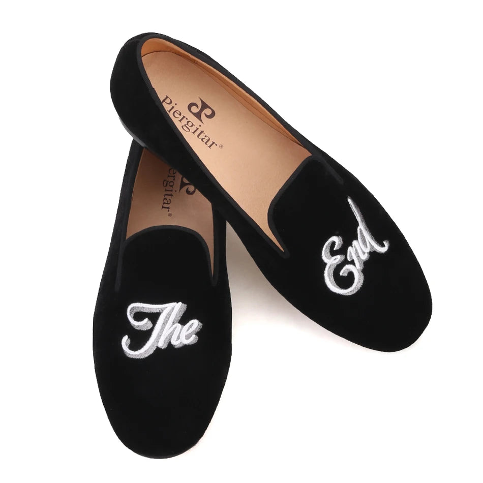 Piergitar 2019 Handmade Men velvet loafers with letters embroidery party and prom men's classic smoking slippers plus size