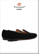 Piergitar 2019 Handmade Men velvet loafers with letters embroidery party and prom men's classic smoking slippers plus size