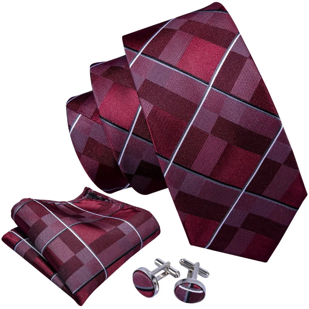 New Mens Wedding Tie Red Plaid Silk Tie Hanky Set Barry.Wang 8.5cm Fashion Designer Neck Ties For Men Party Dropshipping FA-5151