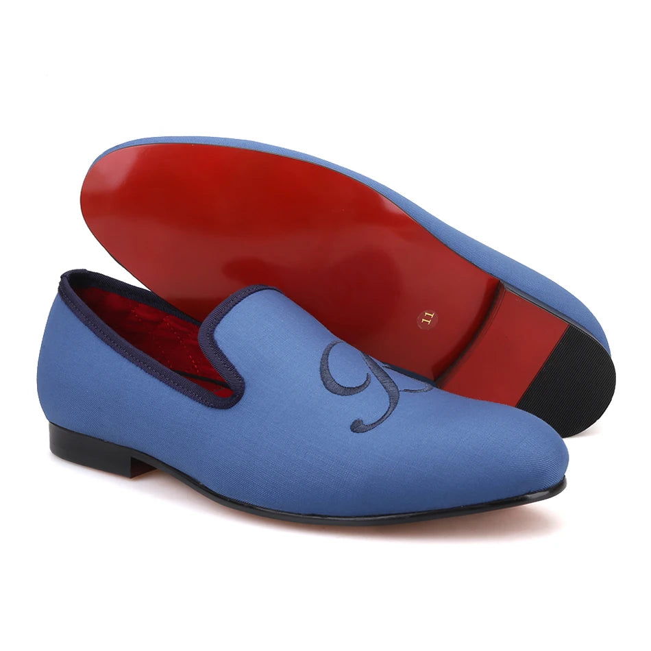 PIERGITAR 2019 new letters embroidery men fabric shoes Fashion prom and Banquet men's loafers British style smoking slippers