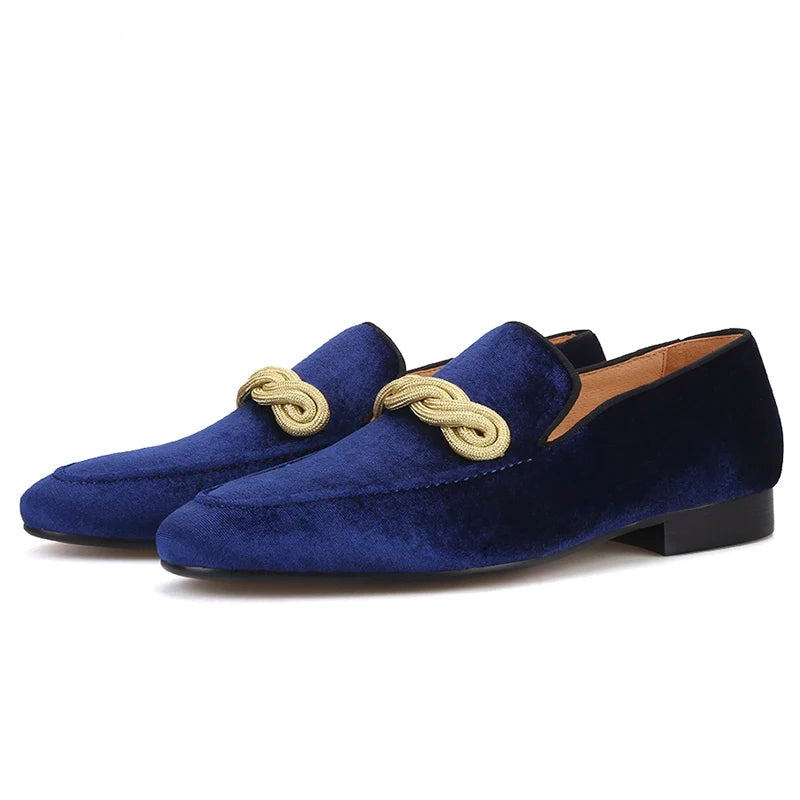 Men's smoking slippers with a gold rape design, made by hand.