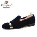 Piergitar new style Handmade men navy velvet shoes with gold metal on shoes toe fashion party wedding and banquet male loafers