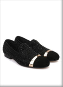 Handmade Black Diamonds men's suede loafer with gold strap and leather insole, for banquets and prom