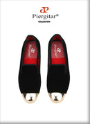 PIERGITAR 2020 Handmade Men velvet Shoes New Metal toe Black colors smoking slipper male prom and banquet loafers