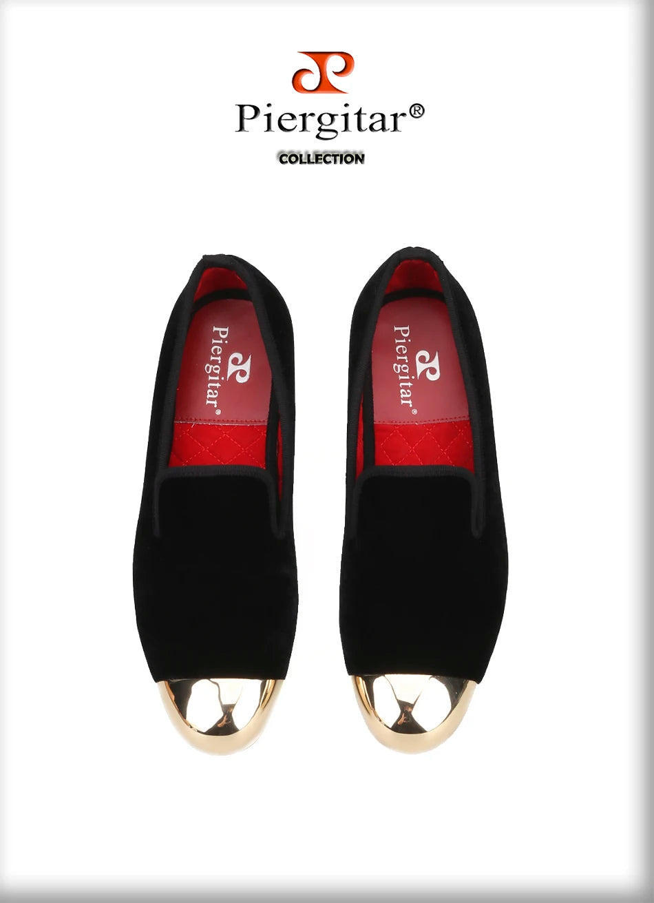 PIERGITAR 2020 Handmade Men velvet Shoes New Metal toe Black colors smoking slipper male prom and banquet loafers
