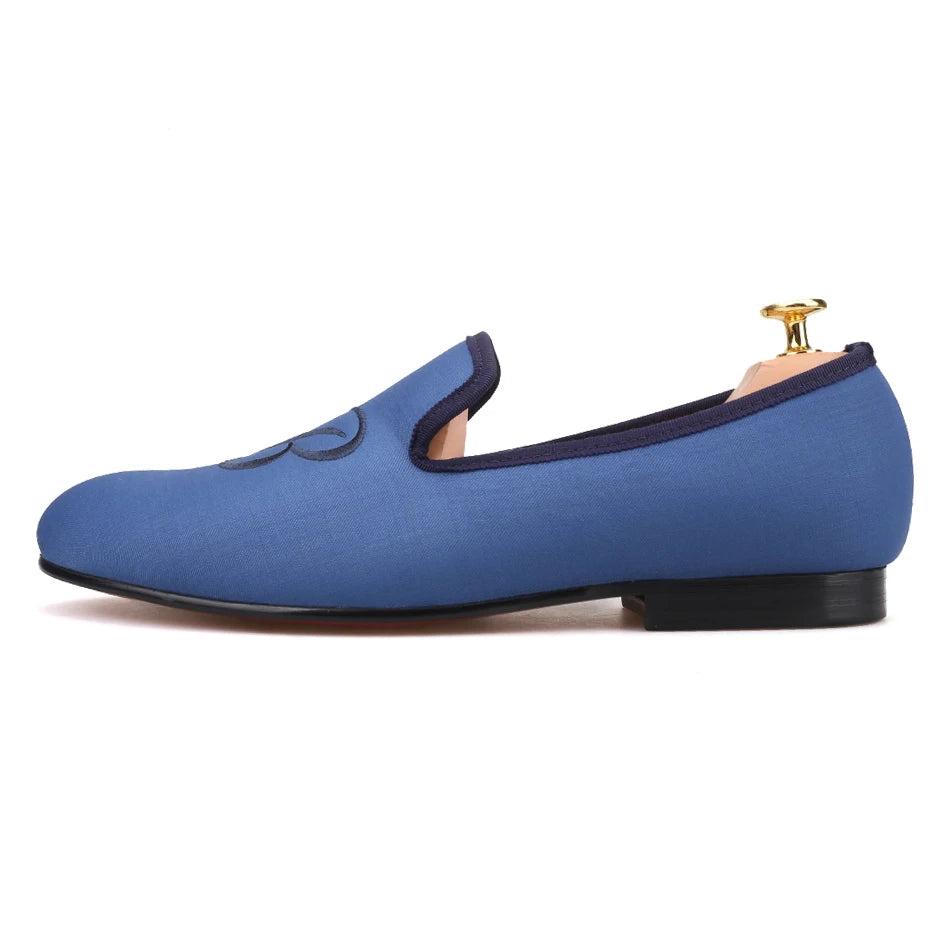PIERGITAR 2019 new letters embroidery men fabric shoes Fashion prom and Banquet men's loafers British style smoking slippers