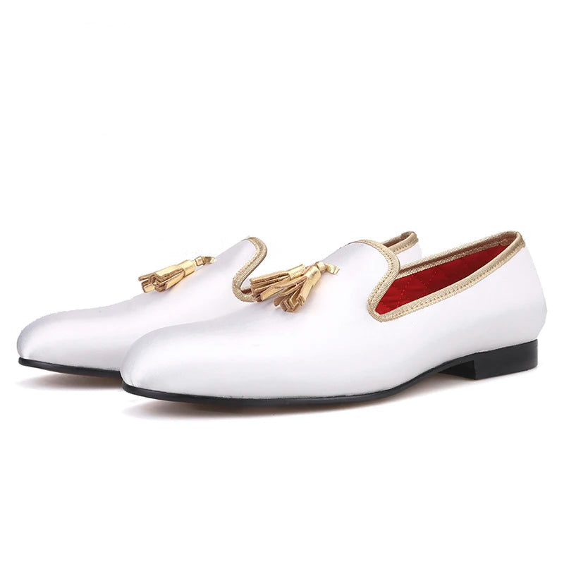 New Mens Satin Shoes with Leather Tassels Handmade for Wedding and Party plus Size Moccasin