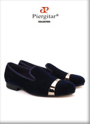 Piergitar new style Handmade men navy velvet shoes with gold metal on shoes toe fashion party wedding and banquet male loafers