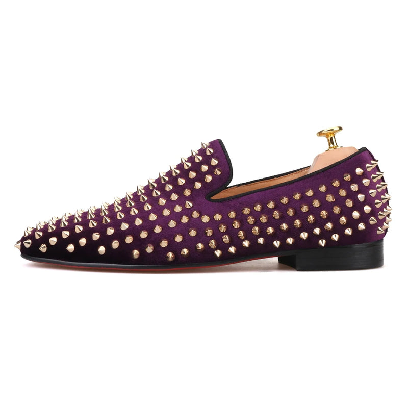 Piergitar 2019 Handmade Purple velvet with gold rivets men loafers Fashion Party and prom somking slippers plus size men's shoes