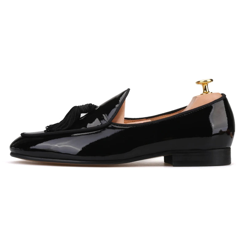 New Arrival Patent leather Handmade Tassel Men Smoking Slippers for Party and Wedding Men Loafers, Men's Dress Shoe