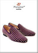 Piergitar 2019 Handmade Purple velvet with gold rivets men loafers Fashion Party and prom somking slippers plus size men's shoes