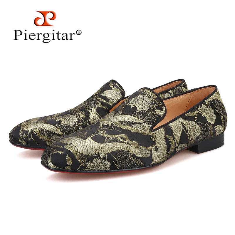 Piergitar brand 2019 gold black colors handmade men loafers crane jacquard design men's casual shoes smoking slippers plus size