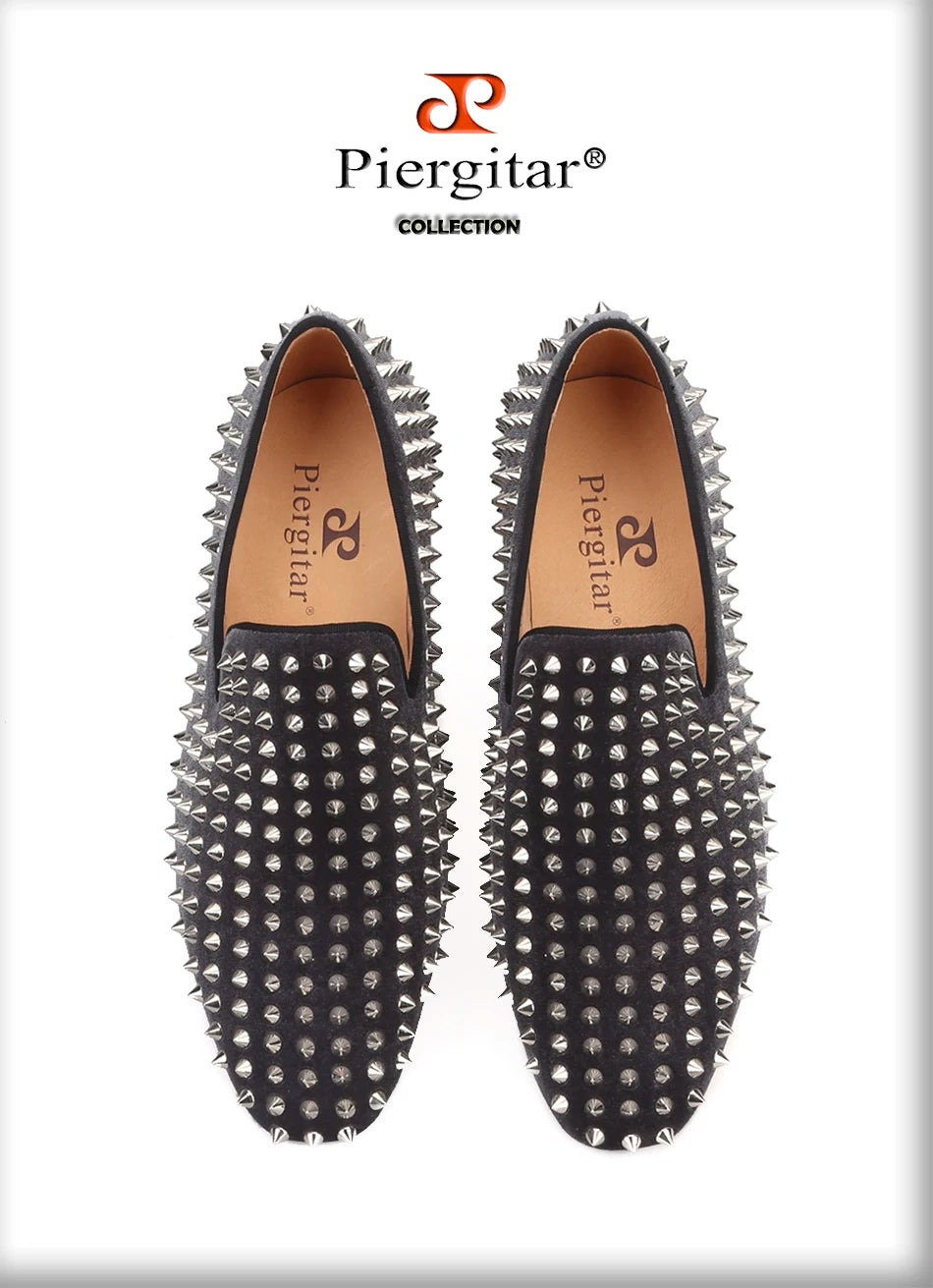 Piergitar  new arrival Handmade men velvet shoes with silver rivets Fashion party and wedding men loafers male's flats