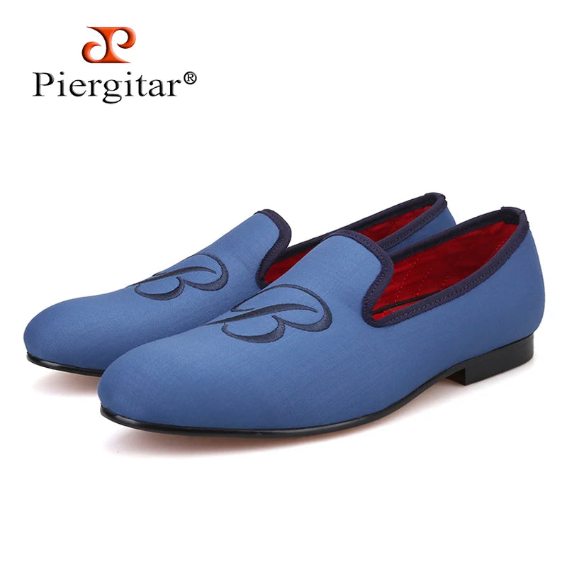 PIERGITAR 2019 new letters embroidery men fabric shoes Fashion prom and Banquet men's loafers British style smoking slippers