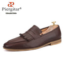 Piergitar 2019 hand-brushed calfskin men leather shoes with fringes wedding and party men's loafers smoking slippers plus size