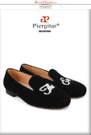Piergitar 2019 Handmade Men velvet loafers with letters embroidery party and prom men's classic smoking slippers plus size
