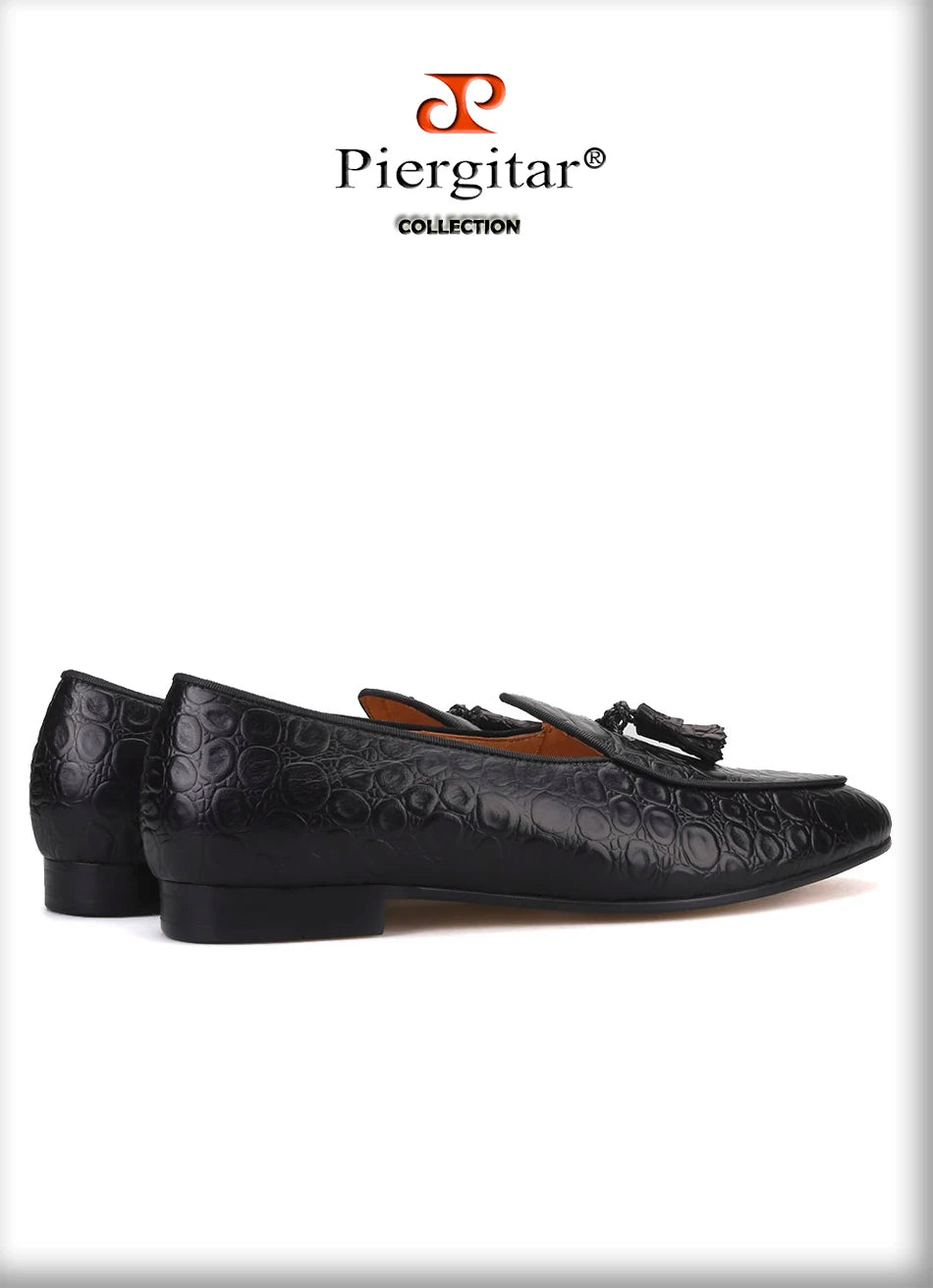Piergitar 2019 Handmade embossed Genuine Leather Men shoes party and wedding Men's loafers with matching tassel plus size