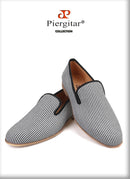 Piergitar 2019 New British style men's loafers Black and white striped canvas fashion men smoking slippers plus size male flats