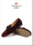 Piergitar 2019 dark red colors velvet men shoes with bow-knot designs Wedding men's loafers handmade men smoking slippers