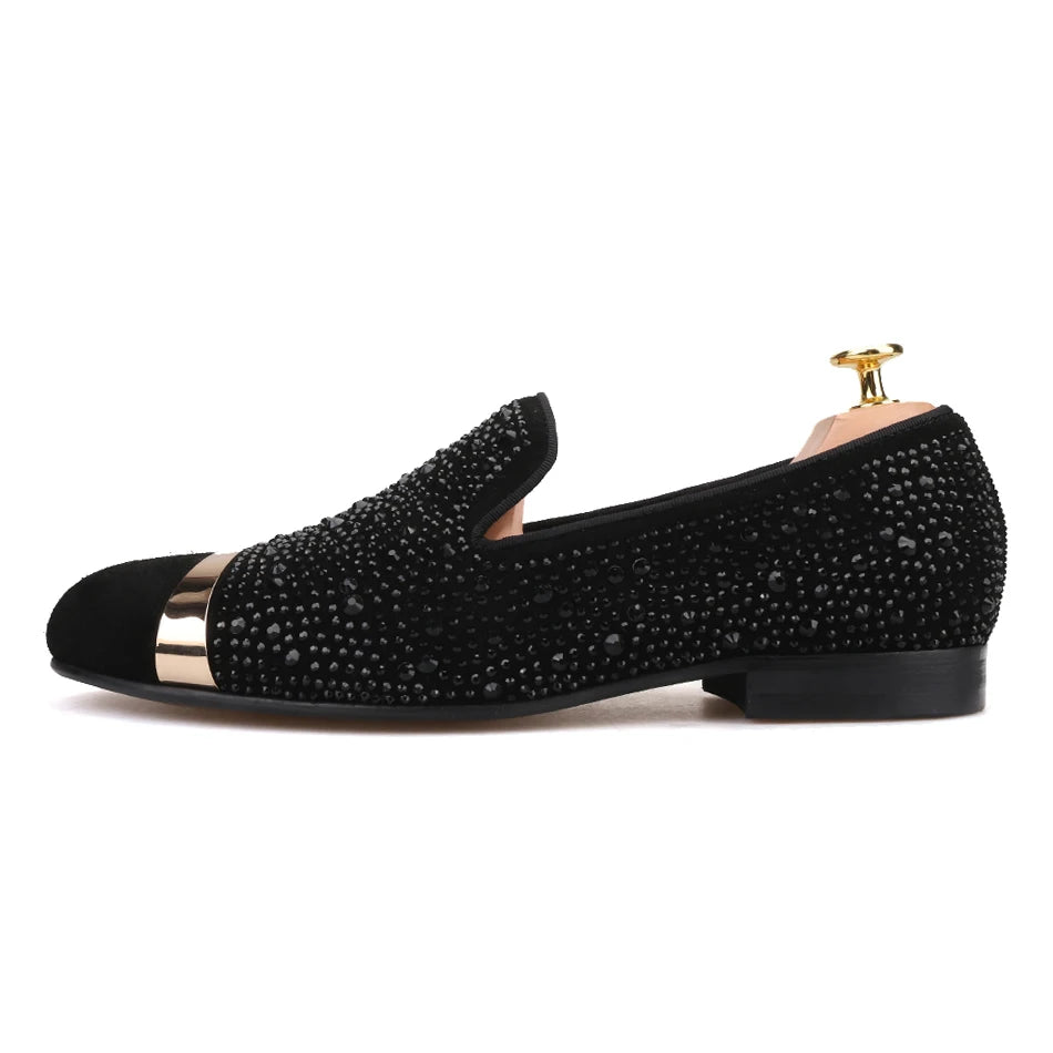 Handmade Black Diamonds men's suede loafer with gold strap and leather insole, for banquets and prom