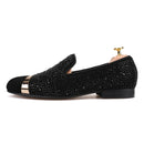 Handmade Black Diamonds men's suede loafer with gold strap and leather insole, for banquets and prom