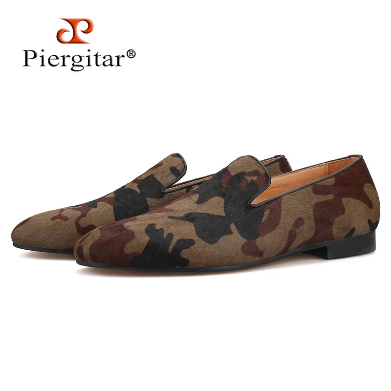 Piergitar 2019 Handmade Camouflage men's classic loafers Horsehair Fashion Party and Banquet men's casual shoes smoking slipper