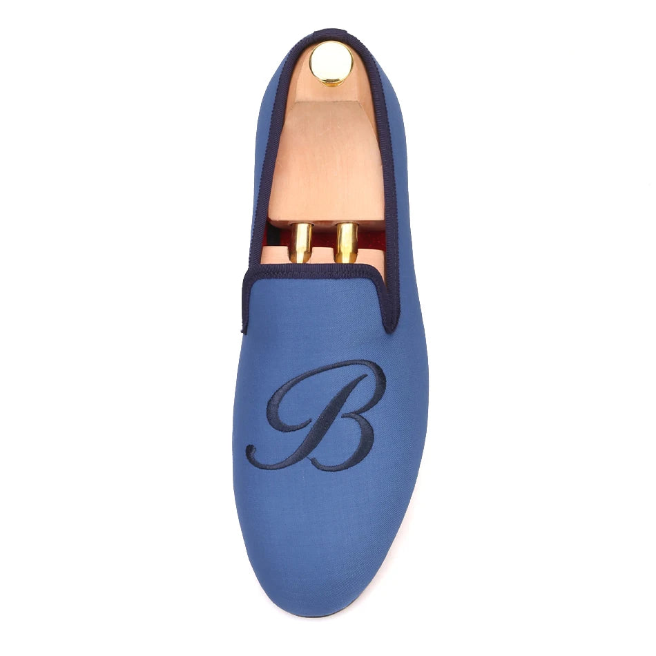 PIERGITAR 2019 new letters embroidery men fabric shoes Fashion prom and Banquet men's loafers British style smoking slippers