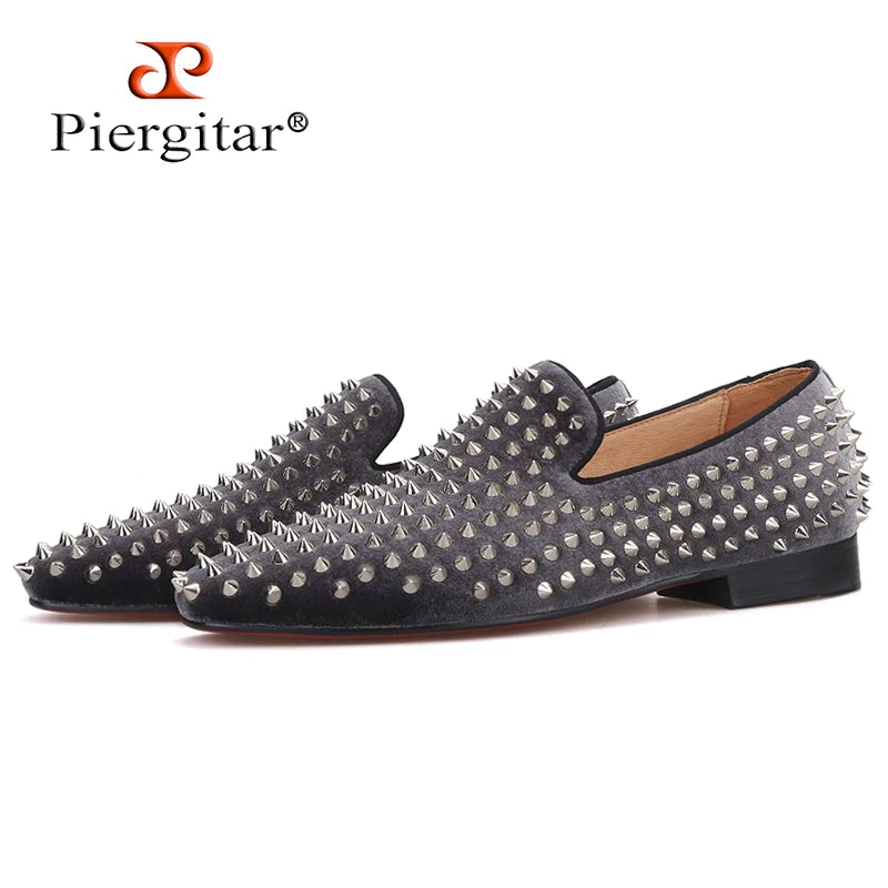 Piergitar  new arrival Handmade men velvet shoes with silver rivets Fashion party and wedding men loafers male's flats