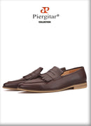 Piergitar 2019 hand-brushed calfskin men leather shoes with fringes wedding and party men's loafers smoking slippers plus size