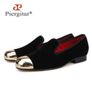 PIERGITAR 2020 Handmade Men velvet Shoes New Metal toe Black colors smoking slipper male prom and banquet loafers