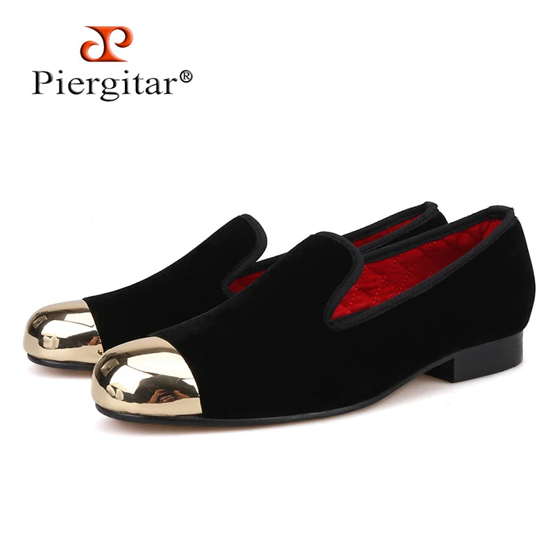 PIERGITAR 2020 Handmade Men velvet Shoes New Metal toe Black colors smoking slipper male prom and banquet loafers