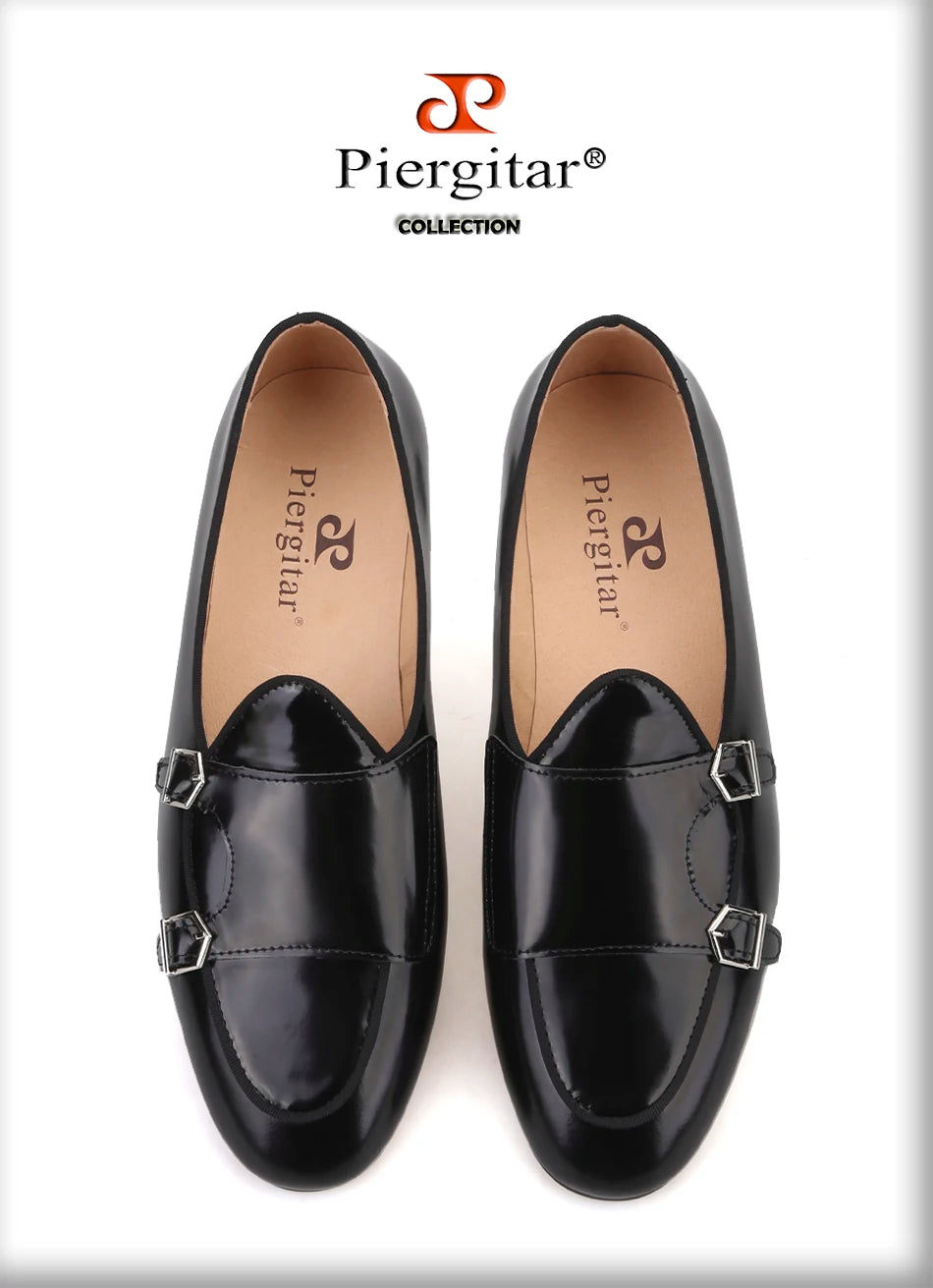 Piergitar 2019 New black Genuine leather men handmade loafers with metal buckle Fashion Party and wedding men dress shoes