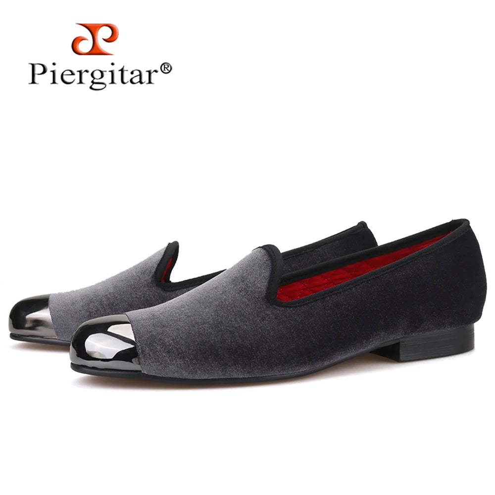 Piergitar gray color men velvet shoes with gun toe metal fashion party and wedding men loafers handmade men's smoking slippers