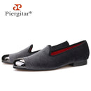 Piergitar gray color men velvet shoes with gun toe metal fashion party and wedding men loafers handmade men's smoking slippers