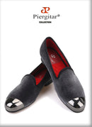 Piergitar gray color men velvet shoes with gun toe metal fashion party and wedding men loafers handmade men's smoking slippers