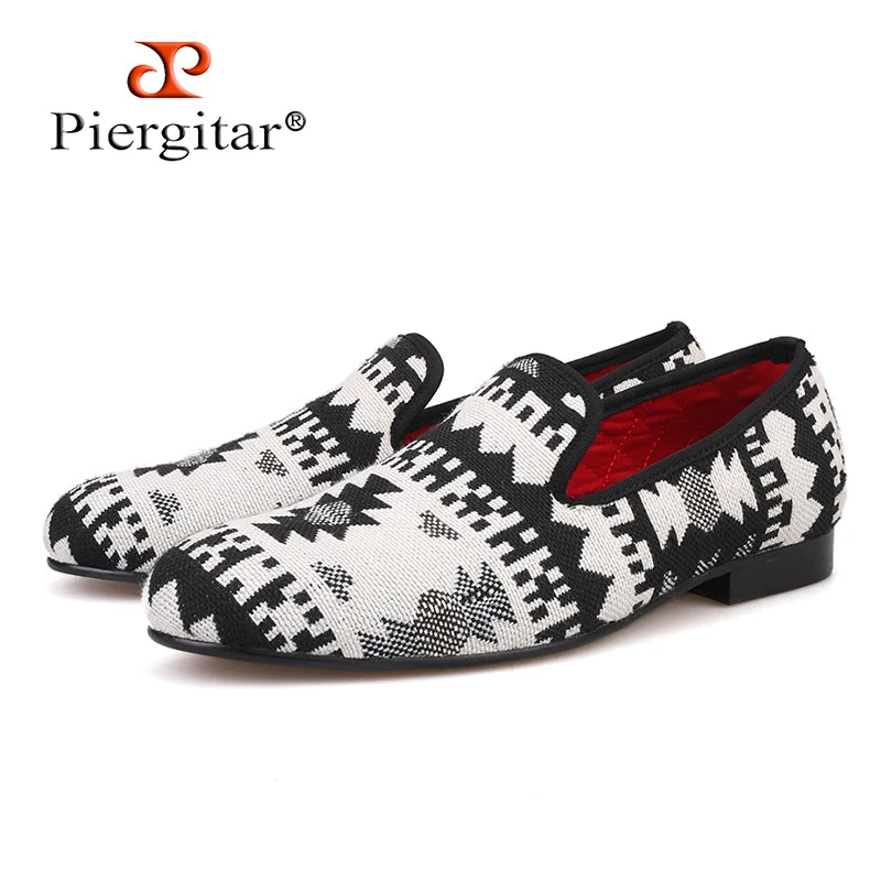 Piergitar 2019 New black and white cotton fabric men loafers retro style handmade men smoking slippers plus size male's flats