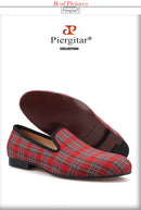 Piergitar 2021 New Handmade Scottish Plaid Men Fabric Shoes Men casual Loafers Plus Size Classic Smoking Slippers Flats