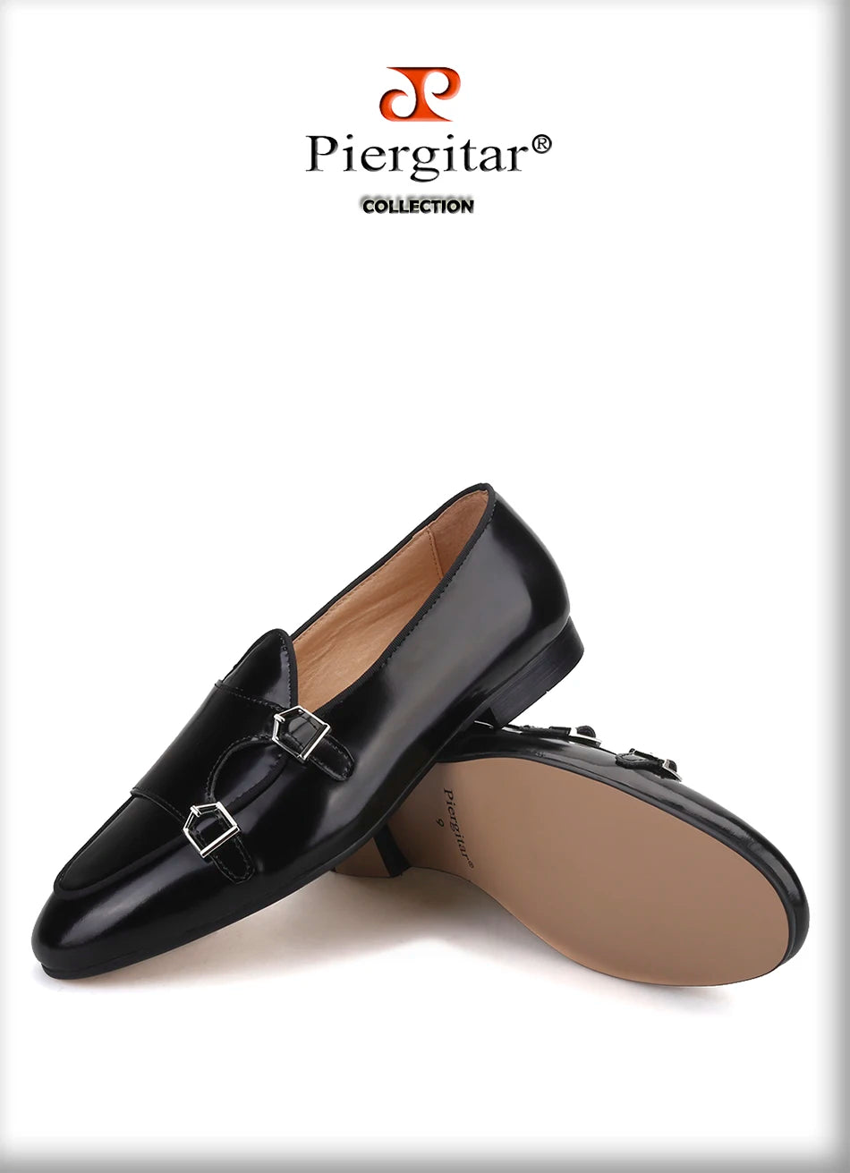 Piergitar 2019 New black Genuine leather men handmade loafers with metal buckle Fashion Party and wedding men dress shoes