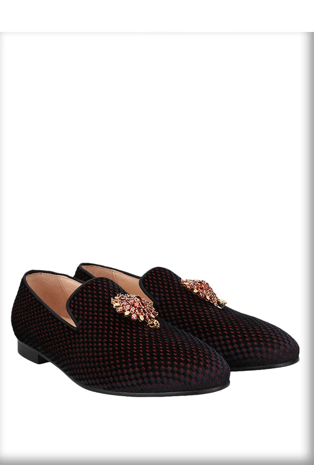 Top Quality Red and Black Velvet Loafers Man Moccasins With Gold Metal Rhinestone Buckles For Wedding And Party