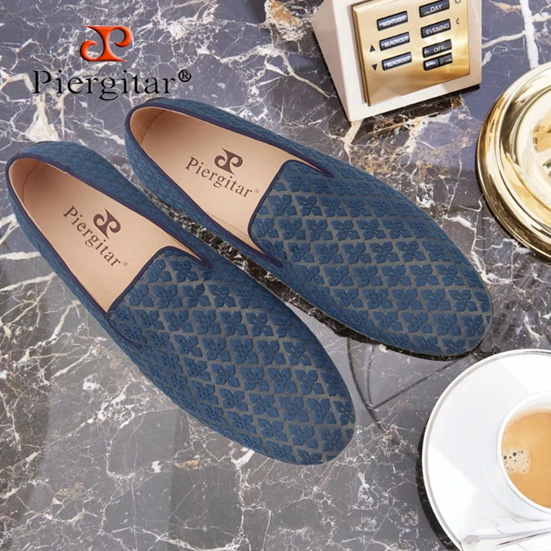 Piergitar 2021 Loafers Men Cross Printed Silk Man's Casual Shoes Leather Insole Male Smoking Slippers Handmade Plus Size